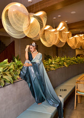 Teal and Aqua Gradient Fendy Satin Saree with Digital Print